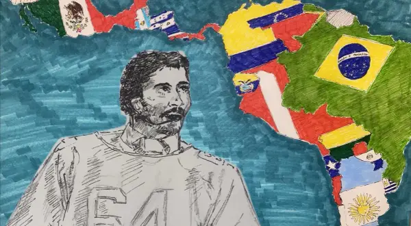 A sketch of a man with a mustache and jersey number 54 stands before a map of Latin America, its countries depicted with their flags, celebrating the region's diverse latin american artists.