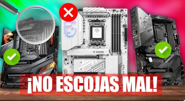 Comparativa de tipos de placa base: una negra con check verde, una blanca con cruz roja y otra negra con check verde. ¡No elijas mal!