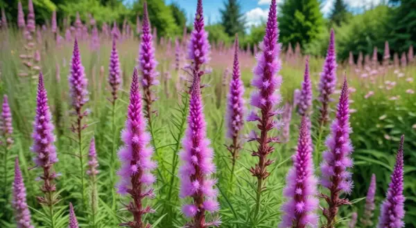 Fält av lila rosenstav sprider sig i sommarsolen. Blommorna reser sig mot en blå himmel med vita moln.