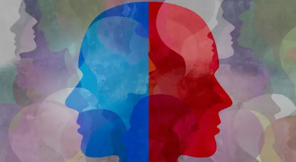 Dwie połowy głowy, niebieska i czerwona, symbolizują złożoność umysłu. Obrazek ilustruje, czym jest schizofrenia, pokazując rozdrobnienie myśli i percepcji.