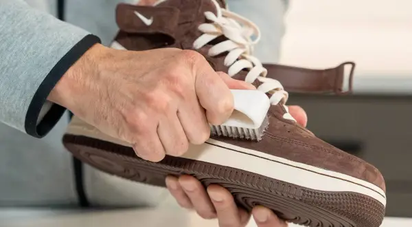 Mani che puliscono una scarpa di pelle scamosciata marrone con una spazzola, mostrando come pulire le scarpe di pelle.