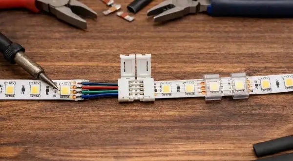 Montaż taśmy LED, gdzie **ledy same się włączają** po podłączeniu. Widoczne narzędzia: lutownica, kombinerki, złączki.