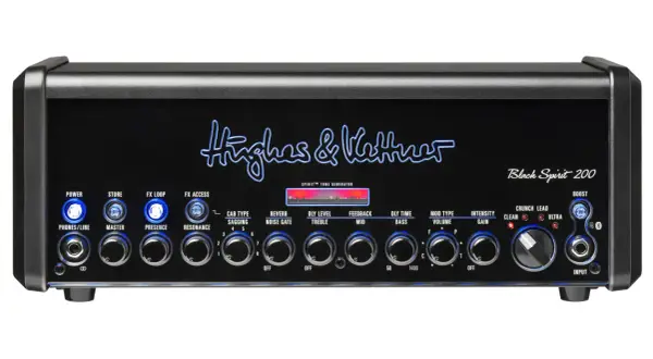 Czarny wzmacniacz gitarowy Hughes & Kettner Black Spirit 200 z licznymi pokrętłami i przyciskami.