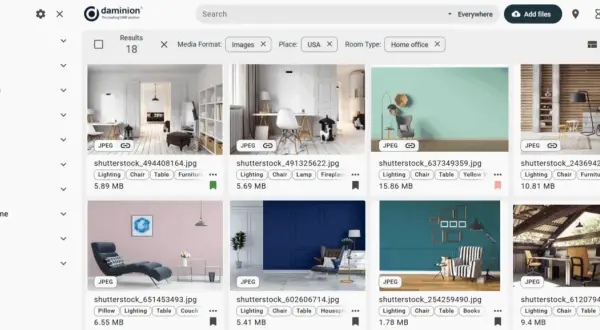A self-hosted digital asset management interface displays various home office images, filtered by "Images," "USA," and "Home office.