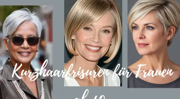 Drei Frauen mit modernen Kurzhaarfrisuren ab 60: eine mit grauem Pixie-Schnitt, eine mit blondem Bob und eine mit kurzem, gestuftem blondem Haar.