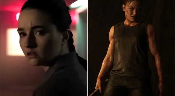Zwei Szenen aus "The Last of Us": Links eine junge Frau mit Zopf, rechts Abby, muskulös und nass, mit einem Stock.