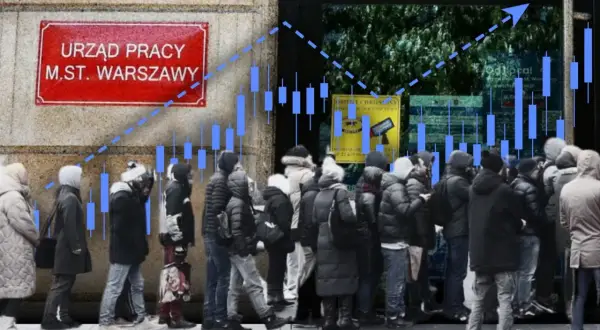 Kolejka przed Urzędem Pracy w Warszawie. Wykresy sugerują wzrost bezrobocia, co może być jedną z przyczyn bezrobocia w Polsce.