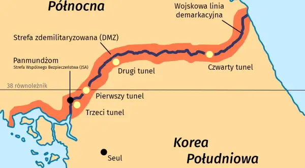Mapa pokazuje Koreę Północną i Południową, zaznaczając DMZ, tunele i Panmundżom. Seul leży na południu.