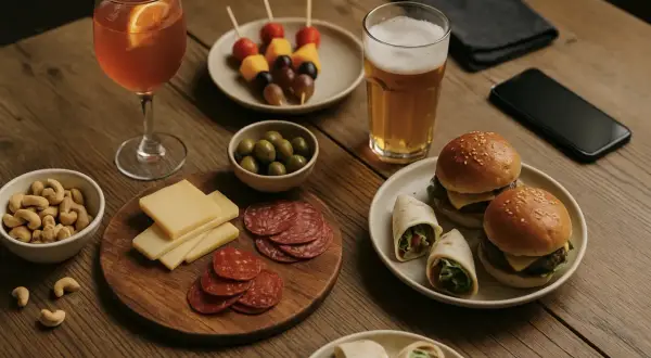 En härlig buffé med sliders, wraps, ost, salami, nötter, oliver, fruktspett, öl och en drink. Perfekt för en AW med jobbet.
