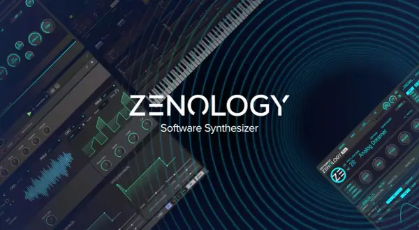 The Roland ZENOLOGY VST3 software synthesizer interface, featuring a virtual keyboard and detailed sound design controls.