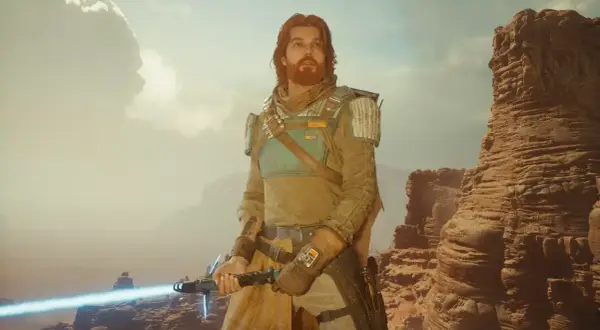 Cal Kestis z mieczem świetlnym, gotowy do walki. Ten jedi survivor poradnik pomoże Ci przetrwać.