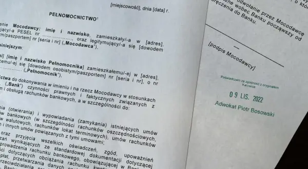 Dokument z pieczątką "Poświadczam za zgodność z oryginałem" i podpisem adwokata Piotra Bosowskiego.
