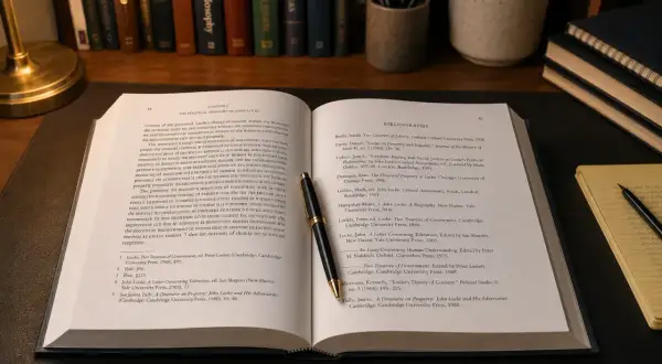 Otwarta księga z tekstem o Johnie Locku i jego przypisy oksfordzkie. Pióro spoczywa na stronie z bibliografią.