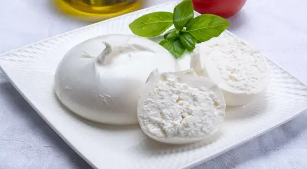 Burrata fresca su piatto bianco, con pomodoro, basilico e olio d'oliva, perfetti burrata ingredienti per un piatto estivo.
