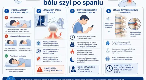 Ilustracja pokazuje przyczyny bólu szyi po spaniu: złą pozycję, przeciągi, „szyję smartfonową” i zmiany zwyrodnieniowe.