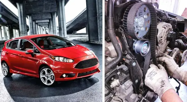 Röd Ford Focus 1.0 EcoBoost. Till vänster en bil, till höger en mekaniker som byter kamrem. Ford Focus 1.0 ecoboost kamremsbyte pris.