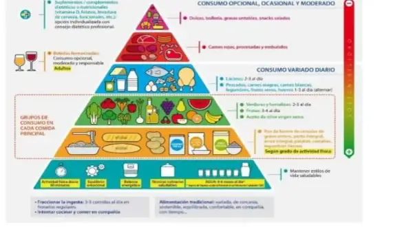 La pirámide de alimentación saludable muestra grupos de alimentos y su consumo diario, opcional o moderado.