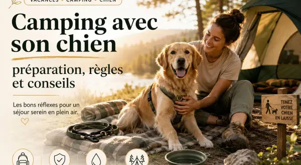 Une femme et son golden retriever profitent d'un moment de camping. Le chien est heureux, la femme le caresse. Le texte parle de préparation et règles pour le camping toutou.