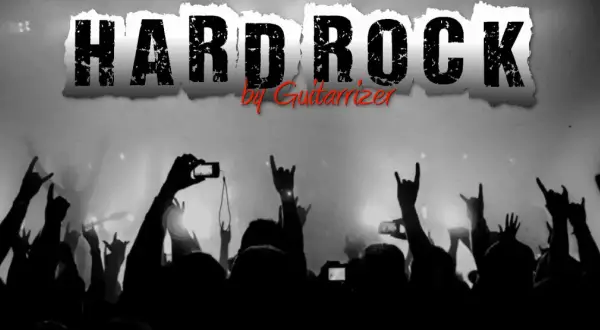 Tłum fanów z rękami w górze, pozdrawiający ulubione hard rock zespoły. W tle napis "HARD ROCK".