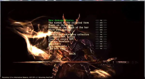 Gothic 3 alternatywny balans: menu ustawień z płonącą postacią w zbroi.
