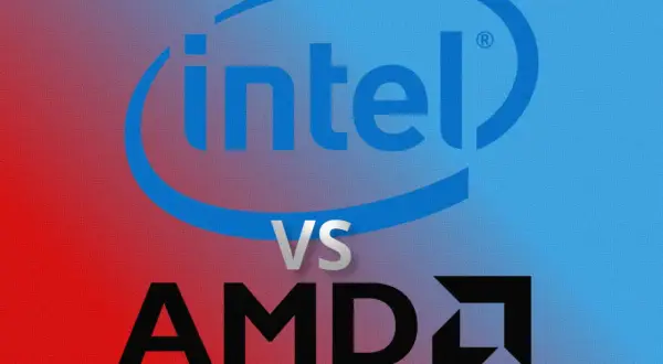 Porównanie procesorów Intel vs AMD. Jaki procesor do laptopa wybrać? Tło z gradientem czerwono-niebieskim.