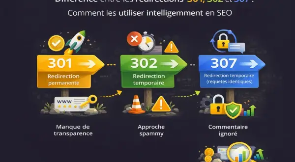 Illustration expliquant les différences entre les redirections 301, 302 et 307, et comment les utiliser en SEO. Une redirection 301 est permanente, 302 temporaire, et 307 temporaire avec requêtes identiques.