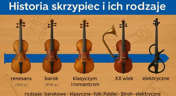 Ewolucja skrzypiec: od renesansu do elektrycznych. Różne rodzaje skrzypiec, w tym barokowe, klasyczne i folkowe, przedstawione na tle historii instrumentu.