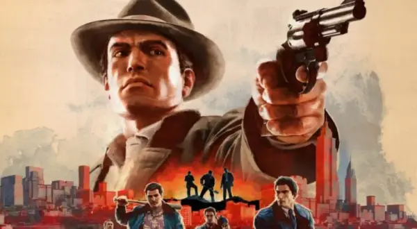 Mafia 2 czas gry: mężczyzna w kapeluszu celuje z rewolweru, w tle miasto i inni gangsterzy.