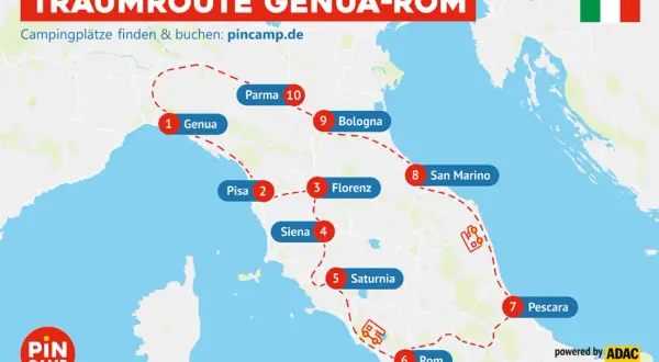 Traumroute Genua-Rom: Karte mit Stationen wie Pisa, Florenz, Rom. Tolle italien reisetipps für Camper.