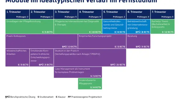 Struktur eines Fernlehrgangs Pflege über 7 Trimester, mit Modulen wie Grundlagen, Interventionen, Gesundheitsökonomie und Bachelorarbeit.