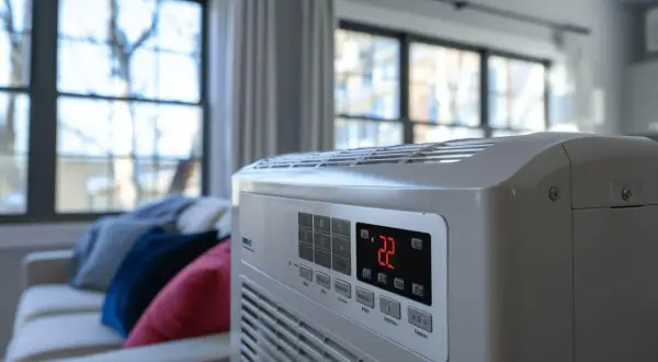 Climatisation réglée à 22 degrés dans un salon confortable.