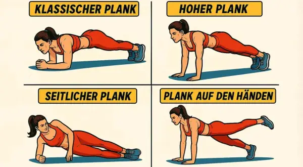 Vier Varianten der Plank-Position: klassisch, hoch, seitlich und auf den Händen.