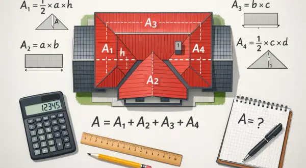 Ilustracja pokazuje, jak obliczyć powierzchnię dachu, dzieląc go na prostokąty i trójkąty. Obok domu znajdują się wzory matematyczne i przybory do mierzenia.