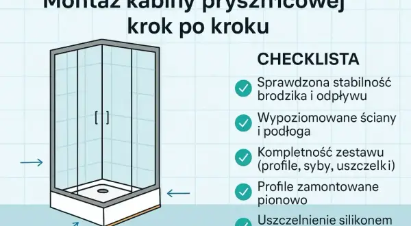 Instrukcja montażu kabiny prysznicowej krok po kroku. Checklist zawiera: stabilność brodzika, wypoziomowanie ścian, kompletność zestawu, montaż profili i uszczelnienie.