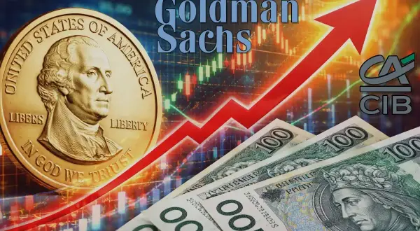 Złoty dolar i polskie banknoty na tle wykresów giełdowych. Czy warto inwestować w dolary? Goldman Sachs analizuje rynek.
