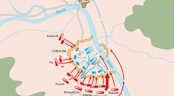 Mapa bitwy pod Chocimiem. Siły polskie (niebieskie) bronią twierdzy, a wojska tureckie (czerwone) atakują.