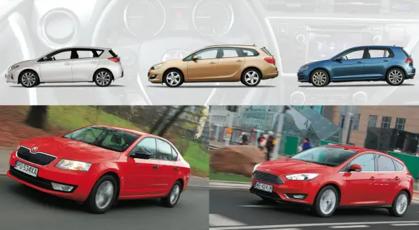Różne typy aut: biały hatchback, złoty kombi, niebieski hatchback, czerwona Skoda i czerwony Ford Focus.