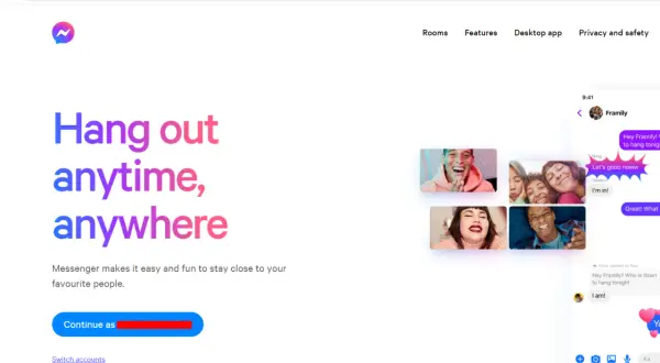 Strona messenger.com ułatwia logowanie się do Messengera. Kliknij "Continue as", aby rozpocząć rozmowę.