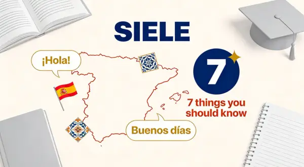Mapa Hiszpanii z flagą, książkami i czapką absolwenta. Tekst "SIELE" i "7 things you should know" sugerują przygotowanie do egzaminu, być może certyfikat hiszpański.