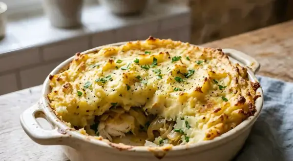 Un parmentier de poisson gourmand, gratiné et parsemé de persil frais. Une bouchée réconfortante et savoureuse.