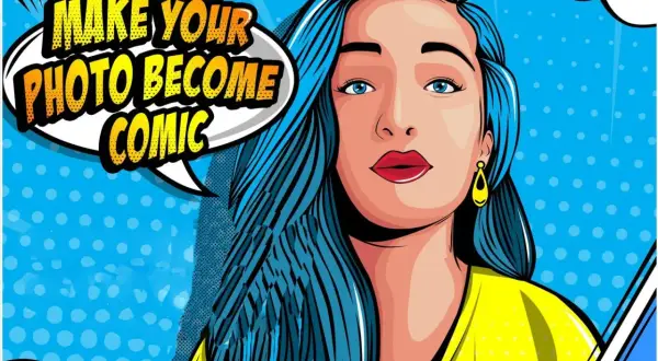 A woman with blue hair and a yellow shirt is depicted in a comic book style. A speech bubble says "Make your photo become comic.