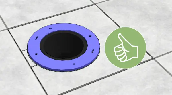 A toilet flange sits on tiled flooring, showing how to cut tile around toilet for a perfect fit. A green thumbs-up icon indicates success.