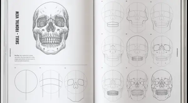 Detailed skull design illustration showing a step-by-step guide to drawing a human skull from various angles.