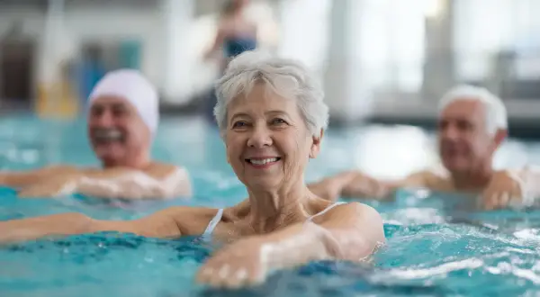 Des seniors souriants participent à un programme de mise en forme aquatique, profitant des bienfaits de l'eau pour leur bien-être.