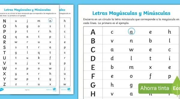 Hojas de fichas letras mayúsculas para imprimir con ejercicios de emparejar mayúsculas y minúsculas.