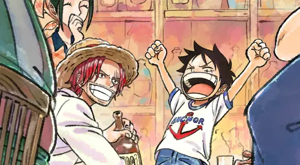 Shanks und ein jubelnder junger Luffy, ein fröhlicher Moment aus dem One Piece Remake.