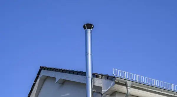 Edler Edelstahl-Schornstein mit 150 mm Durchmesser für einen Pelletofen, ragt vor blauem Himmel empor.