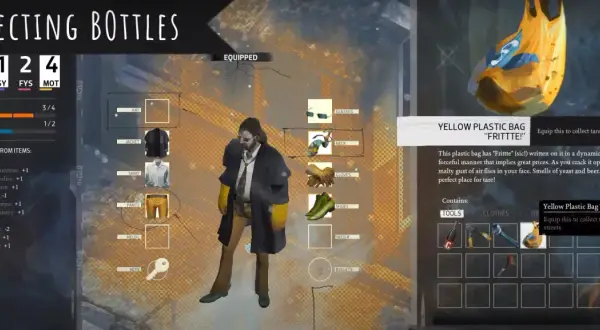 Disco Elysium poradnik: postać zbiera przedmioty, w tym żółtą torbę na uliczne skarby.