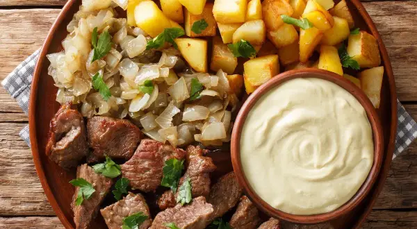 Biff Rydberg med stekt potatis, karamelliserad lök och en krämig sås. En klassisk svensk rätt som smakar fantastiskt!