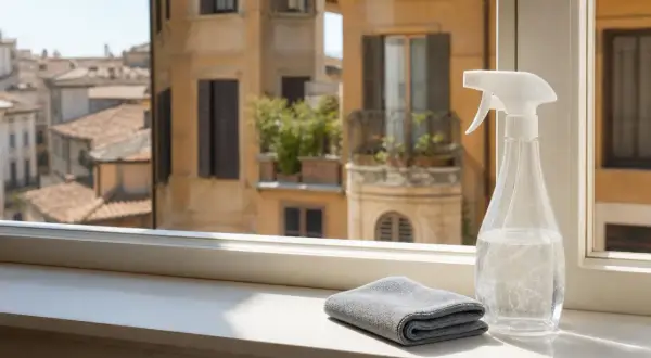 Pistola spray con liquido e panno grigio sul davanzale, pronti per dare il bianco in casa. Vista su palazzi antichi.